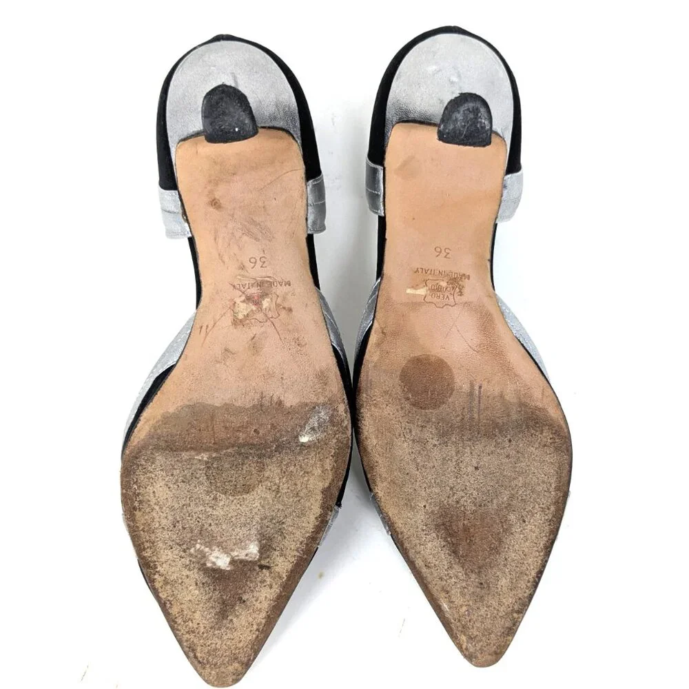 SOLDManolo Blahnik D'Orsay Pumps Black Fabric Silver Heels VTG 80s Sz 36, 6 US - Picture 9 of 16